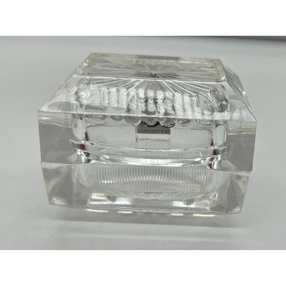 Vintage Style Clear Acrylic Faceted Trinket Jewelry Box Sunburst Design Hinged